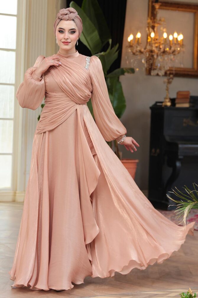 Tesettürlü Abiye Elbise - Drape Detaylı Bisküvi Tesettür Abiye Elbise 51641BS - 2
