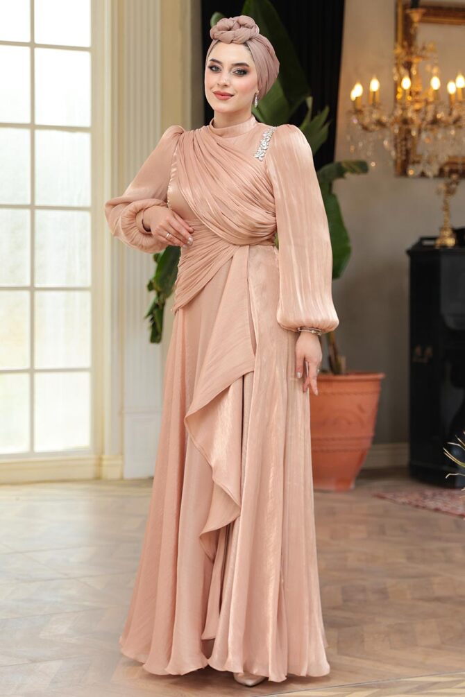 Tesettürlü Abiye Elbise - Drape Detaylı Bisküvi Tesettür Abiye Elbise 51641BS - 4