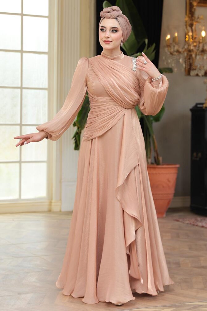 Tesettürlü Abiye Elbise - Drape Detaylı Bisküvi Tesettür Abiye Elbise 51641BS - 3