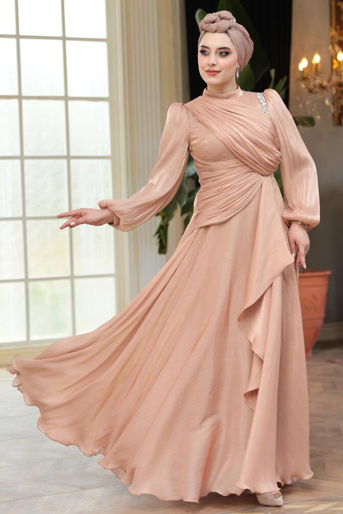 Tesettürlü Abiye Elbise - Drape Detaylı Bisküvi Tesettür Abiye Elbise 51641BS - N.S NEVA STYLE