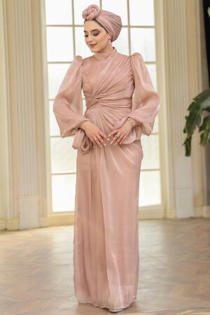 Tesettürlü Abiye Elbise - Drape Detaylı Bisküvi Tesettür Abiye Elbise 52285BS - 4