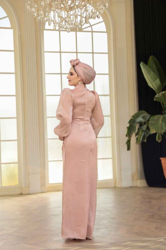 Tesettürlü Abiye Elbise - Drape Detaylı Bisküvi Tesettür Abiye Elbise 52285BS - 6