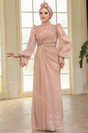 Tesettürlü Abiye Elbise - Drape Detaylı Bisküvi Tesettür Abiye Elbise 52285BS 