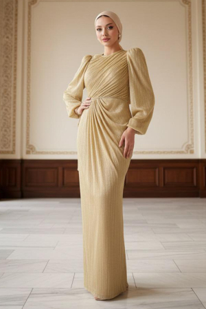 Tesettürlü Abiye Elbise - Drape Detaylı Bisküvi Tesettür Abiye Elbise 55172BS - N.S NEVA STYLE