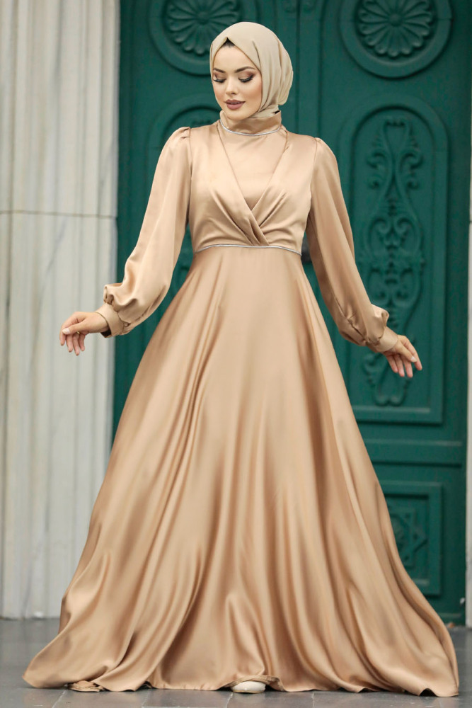 Tesettürlü Abiye Elbise - Drape Detaylı Bisküvi Tesettür Saten Abiye Elbise 5926BS - 2