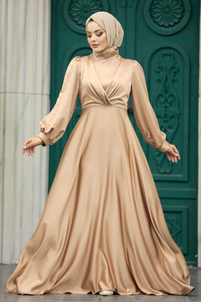 Tesettürlü Abiye Elbise - Drape Detaylı Bisküvi Tesettür Saten Abiye Elbise 5926BS - 1