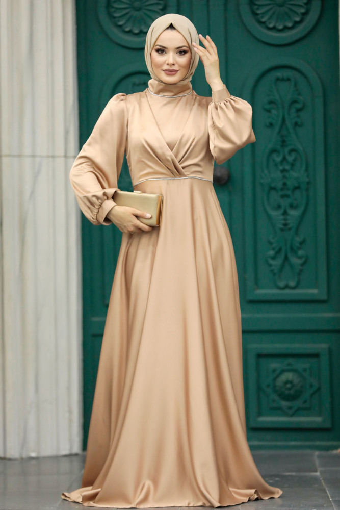 Tesettürlü Abiye Elbise - Drape Detaylı Bisküvi Tesettür Saten Abiye Elbise 5926BS - 3