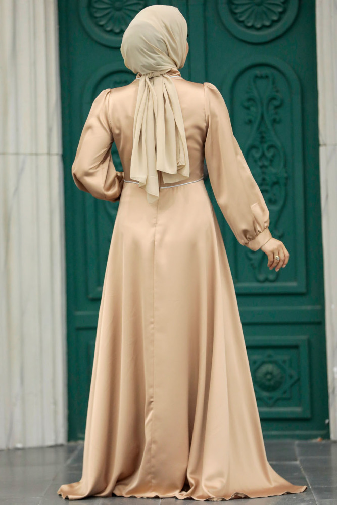 Tesettürlü Abiye Elbise - Drape Detaylı Bisküvi Tesettür Saten Abiye Elbise 5926BS - 4