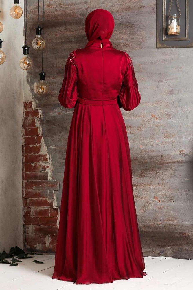 Tesettürlü Abiye Elbise - Drape Detaylı Bordo Tesettür Abiye Elbise 21881BR - 2