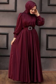 Tesettürlü Abiye Elbise - Drape Detaylı Bordo Tesettür Abiye Elbise 40221BR - Thumbnail