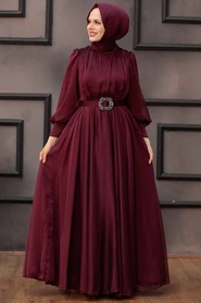 Tesettürlü Abiye Elbise - Drape Detaylı Bordo Tesettür Abiye Elbise 40221BR - Thumbnail