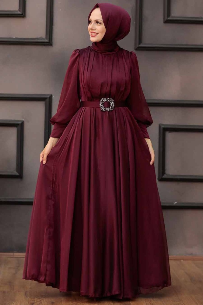 Tesettürlü Abiye Elbise - Drape Detaylı Bordo Tesettür Abiye Elbise 40221BR - 2