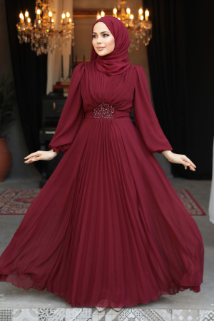 Tesettürlü Abiye Elbise - Drape Detaylı Bordo Tesettür Abiye Elbise 4448BR 