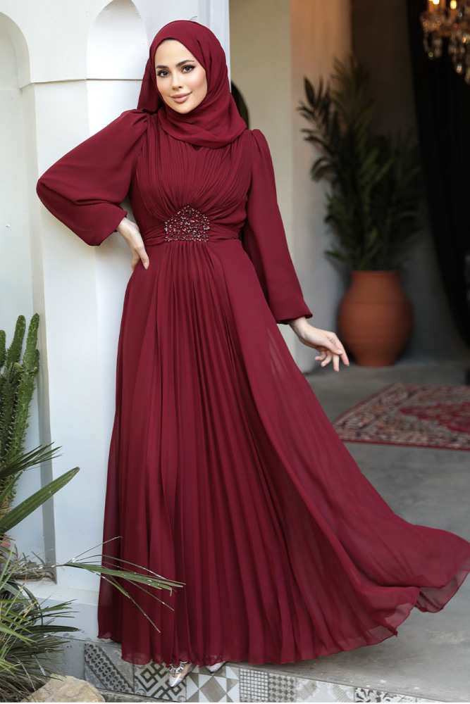 Tesettürlü Abiye Elbise - Drape Detaylı Bordo Tesettür Abiye Elbise 4448BR - 3