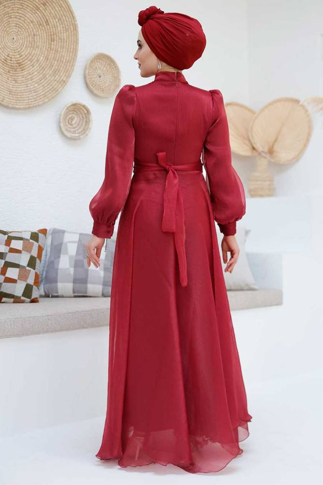 Tesettürlü Abiye Elbise - Drape Detaylı Bordo Tesettür Abiye Elbise 45701BR - 6