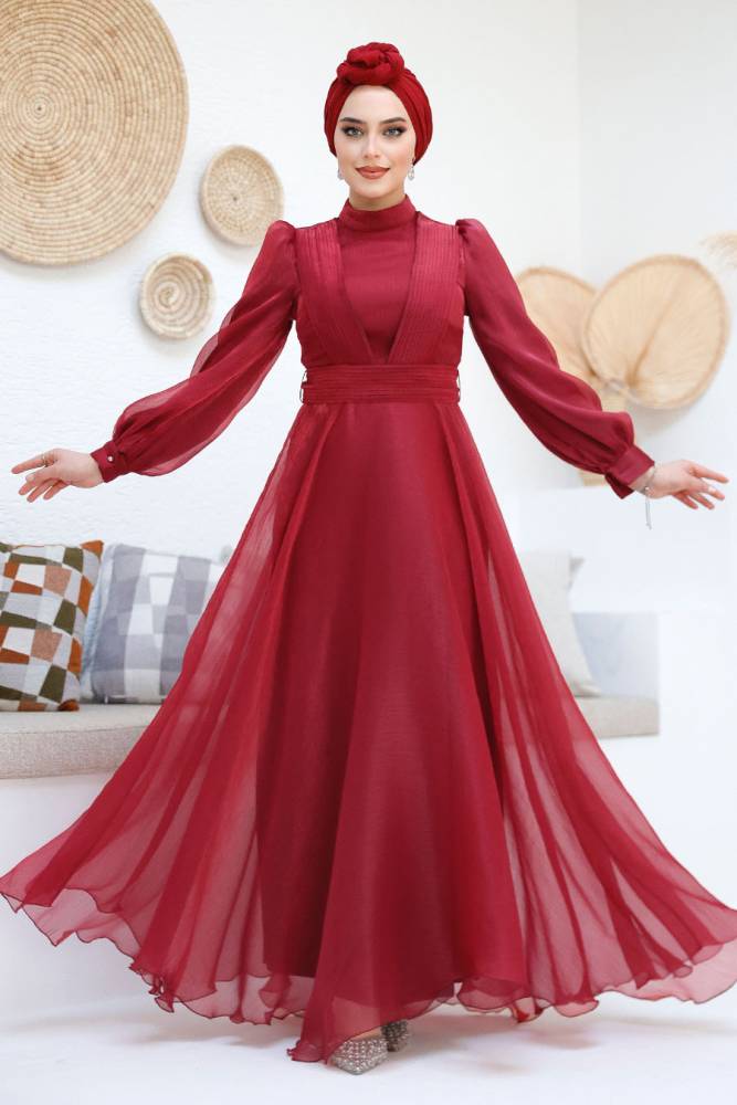Tesettürlü Abiye Elbise - Drape Detaylı Bordo Tesettür Abiye Elbise 45701BR - 2