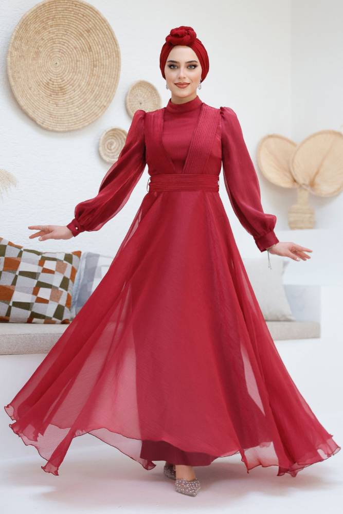 Tesettürlü Abiye Elbise - Drape Detaylı Bordo Tesettür Abiye Elbise 45701BR - 5
