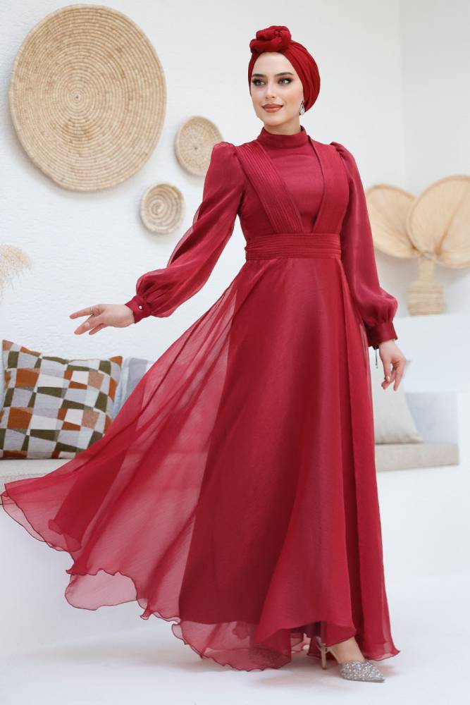 Tesettürlü Abiye Elbise - Drape Detaylı Bordo Tesettür Abiye Elbise 45701BR - 1