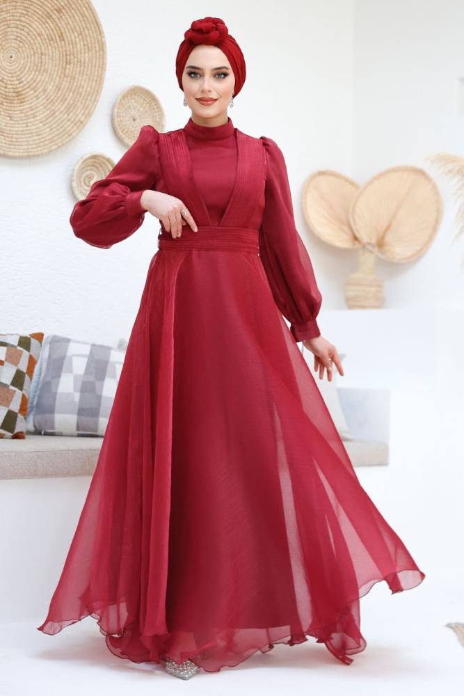 Tesettürlü Abiye Elbise - Drape Detaylı Bordo Tesettür Abiye Elbise 45701BR - 3