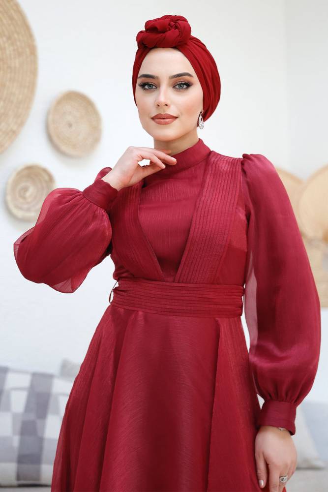 Tesettürlü Abiye Elbise - Drape Detaylı Bordo Tesettür Abiye Elbise 45701BR - 4