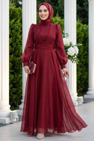 Tesettürlü Abiye Elbise - Drape Detaylı Bordo Tesettür Abiye Elbise 45701BR - 1