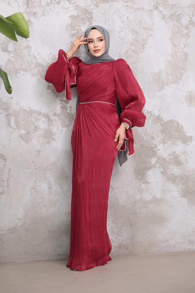 Tesettürlü Abiye Elbise - Drape Detaylı Bordo Tesettür Abiye Elbise 50193BR - 1