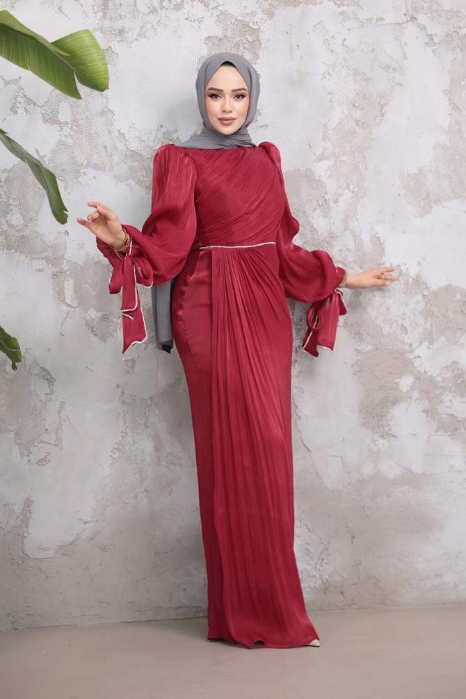 Tesettürlü Abiye Elbise - Drape Detaylı Bordo Tesettür Abiye Elbise 50193BR - 3