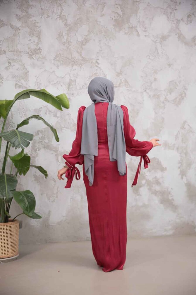 Tesettürlü Abiye Elbise - Drape Detaylı Bordo Tesettür Abiye Elbise 50193BR - 4