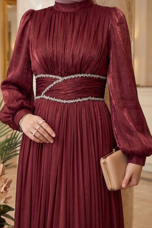 Tesettürlü Abiye Elbise - Drape Detaylı Bordo Tesettür Abiye Elbise 54041BR - 2