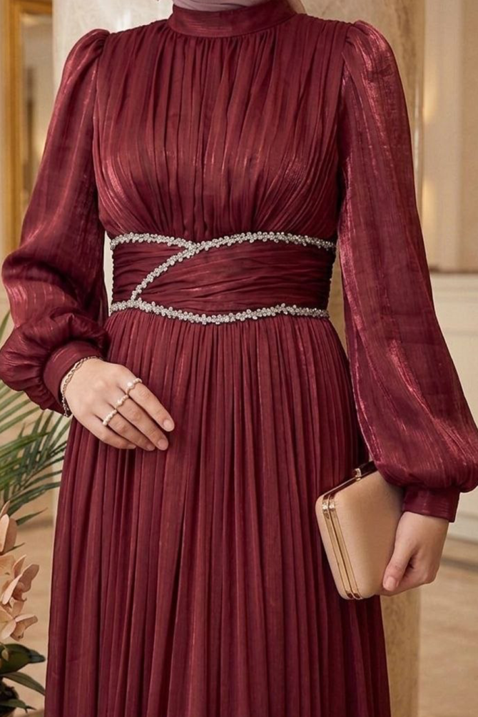 Tesettürlü Abiye Elbise - Drape Detaylı Bordo Tesettür Abiye Elbise 54041BR - 2