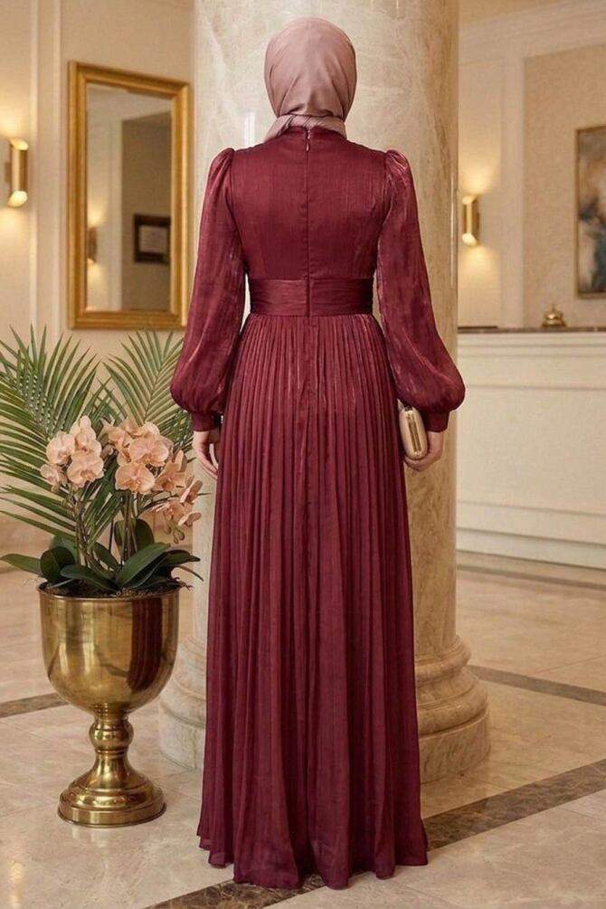 Tesettürlü Abiye Elbise - Drape Detaylı Bordo Tesettür Abiye Elbise 54041BR - 3