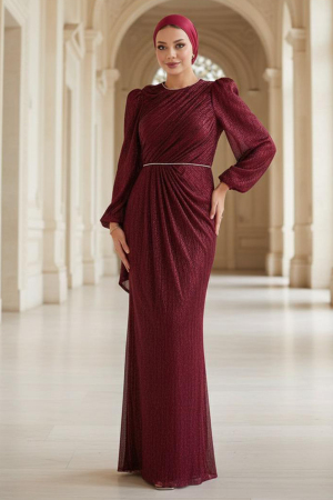 Tesettürlü Abiye Elbise - Drape Detaylı Bordo Tesettür Abiye Elbise 55172BR - N.S NEVA STYLE