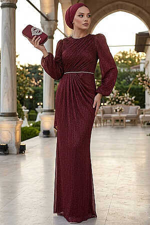 Tesettürlü Abiye Elbise - Drape Detaylı Bordo Tesettür Abiye Elbise 55172BR 