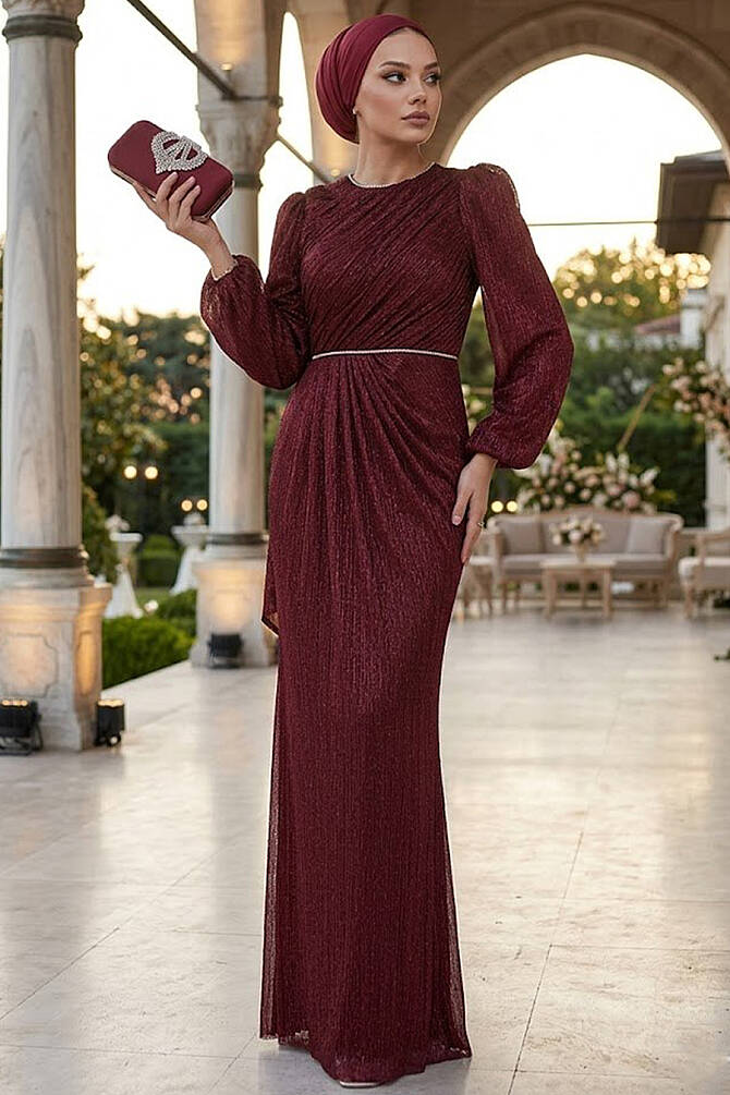 Tesettürlü Abiye Elbise - Drape Detaylı Bordo Tesettür Abiye Elbise 55172BR - 1
