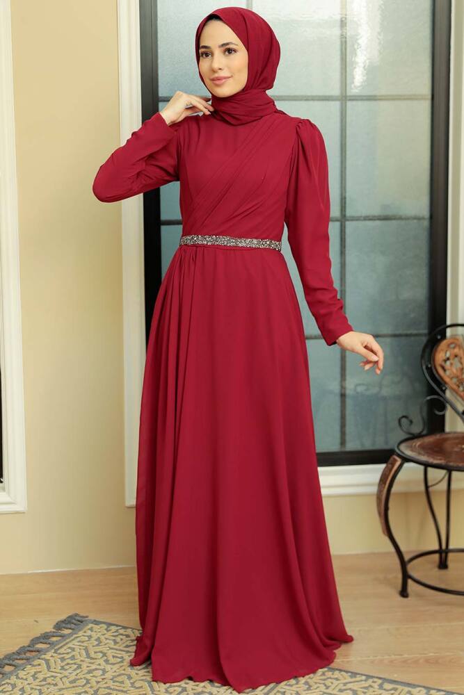 Tesettürlü Abiye Elbise - Drape Detaylı Bordo Tesettür Abiye Elbise 5737BR - 3