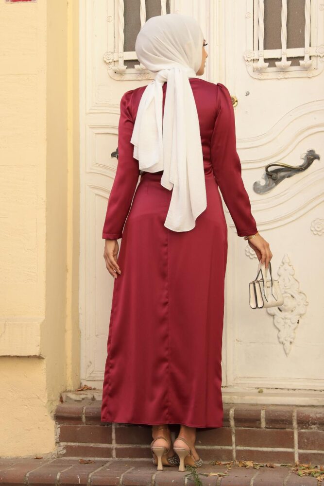  Tesettürlü Abiye Elbise - Drape Detaylı Bordo Tesettür Saten Abiye Elbise 5940BR - 3
