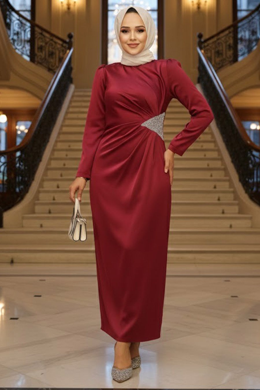  Tesettürlü Abiye Elbise - Drape Detaylı Bordo Tesettür Saten Abiye Elbise 5940BR