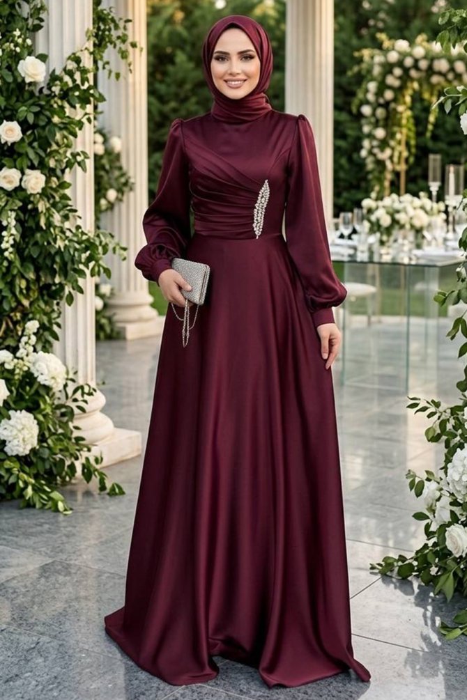 Tesettürlü Abiye Elbise - Drape Detaylı Bordo Tesettür Saten Abiye Elbise 6261BR - 1