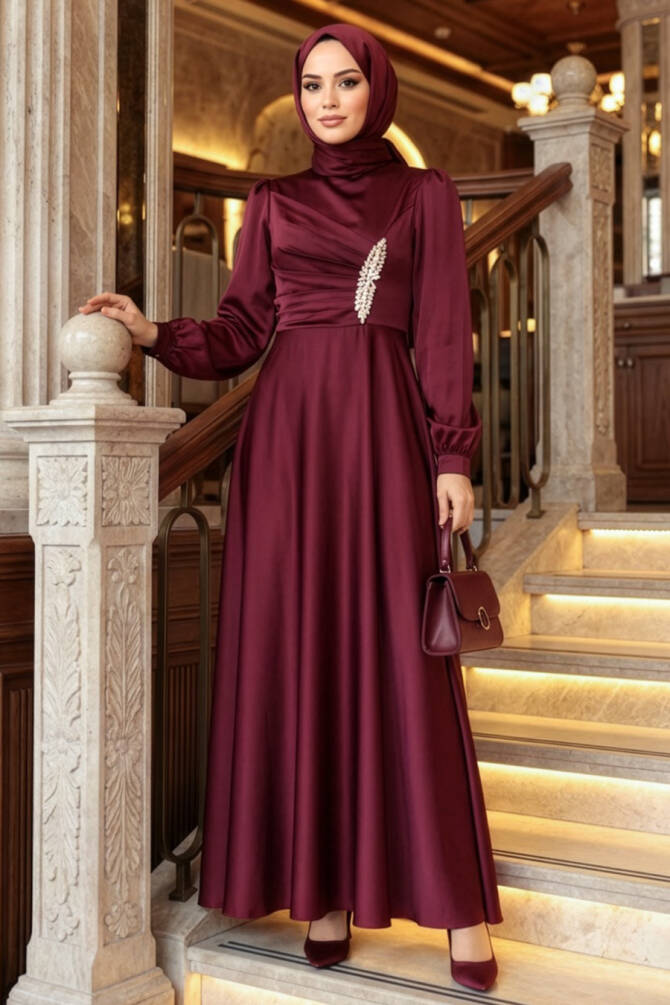 Tesettürlü Abiye Elbise - Drape Detaylı Bordo Tesettür Saten Abiye Elbise 6261BR - N.S NEVA STYLE