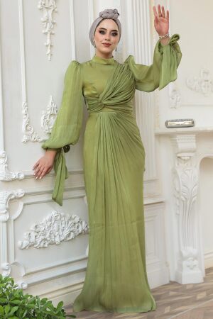  Tesettürlü Abiye Elbise - Drape Detaylı Çağla Yeşili Tesettür Abiye Elbise 52285CY 