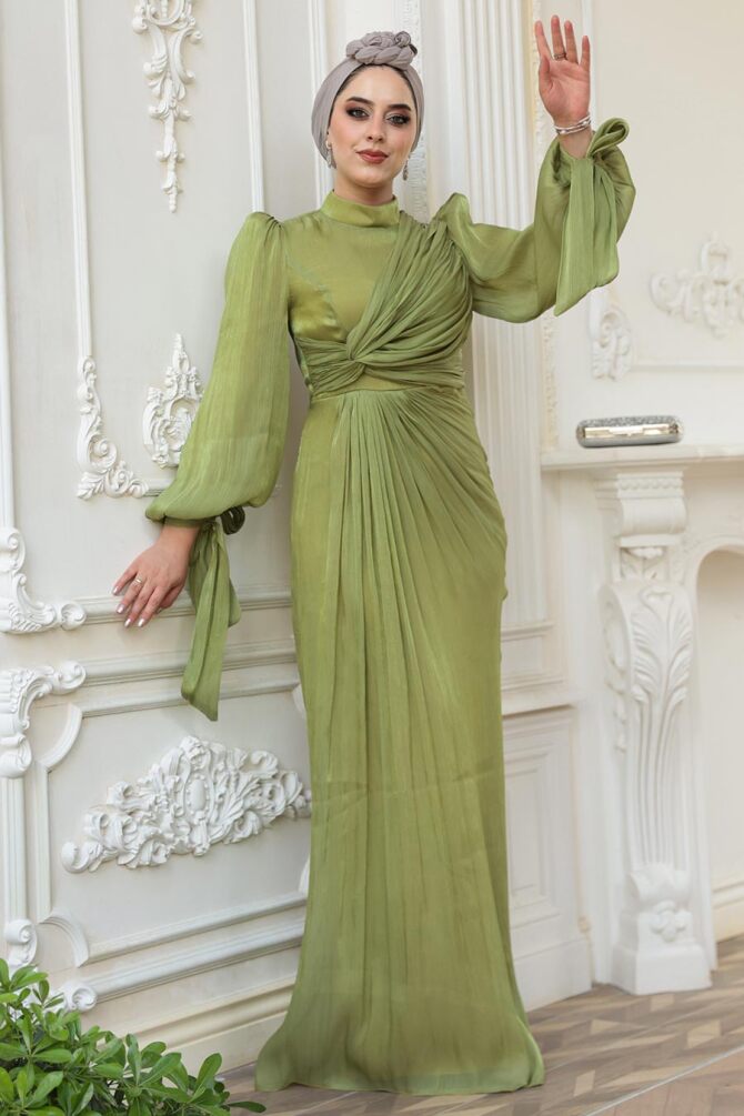  Tesettürlü Abiye Elbise - Drape Detaylı Çağla Yeşili Tesettür Abiye Elbise 52285CY - 1