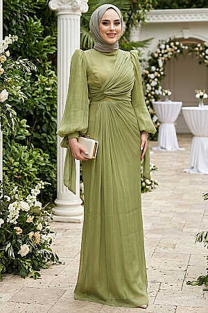  Tesettürlü Abiye Elbise - Drape Detaylı Çağla Yeşili Tesettür Abiye Elbise 52285CY 