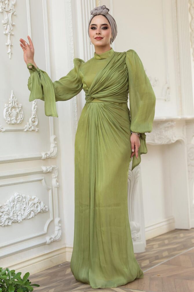  Tesettürlü Abiye Elbise - Drape Detaylı Çağla Yeşili Tesettür Abiye Elbise 52285CY - 2