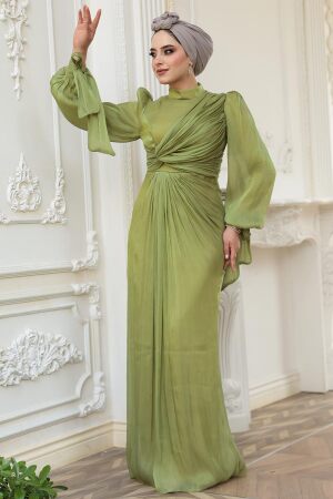  Tesettürlü Abiye Elbise - Drape Detaylı Çağla Yeşili Tesettür Abiye Elbise 52285CY - 3