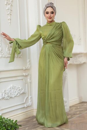  Tesettürlü Abiye Elbise - Drape Detaylı Çağla Yeşili Tesettür Abiye Elbise 52285CY - 4
