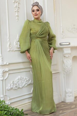  Tesettürlü Abiye Elbise - Drape Detaylı Çağla Yeşili Tesettür Abiye Elbise 52285CY - 5