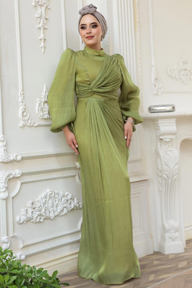  Tesettürlü Abiye Elbise - Drape Detaylı Çağla Yeşili Tesettür Abiye Elbise 52285CY - 5