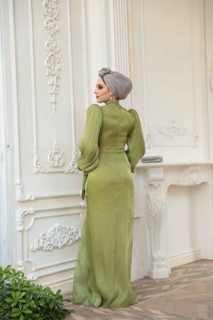  Tesettürlü Abiye Elbise - Drape Detaylı Çağla Yeşili Tesettür Abiye Elbise 52285CY - 6