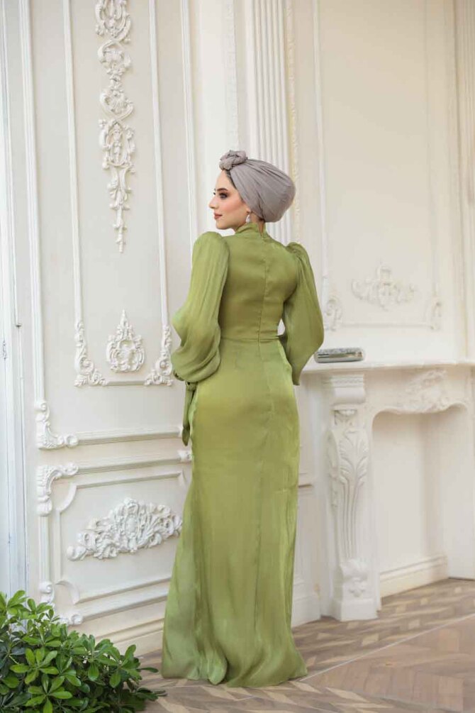  Tesettürlü Abiye Elbise - Drape Detaylı Çağla Yeşili Tesettür Abiye Elbise 52285CY - 6
