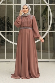 Tesettürlü Abiye Elbise - Drape Detaylı Camel Tesettür Abiye Elbise 25879C - Thumbnail